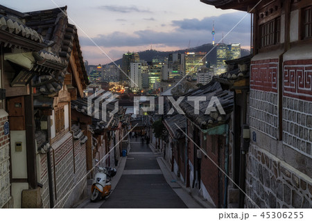 bukchon hanok village at sunset bukchon hanok village at sunset 45306255