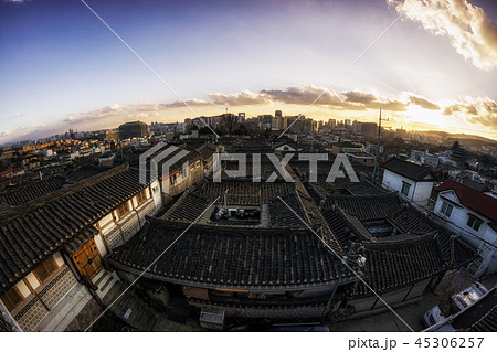 bukchon hanok village at sunset bukchon hanok village at sunset 45306257