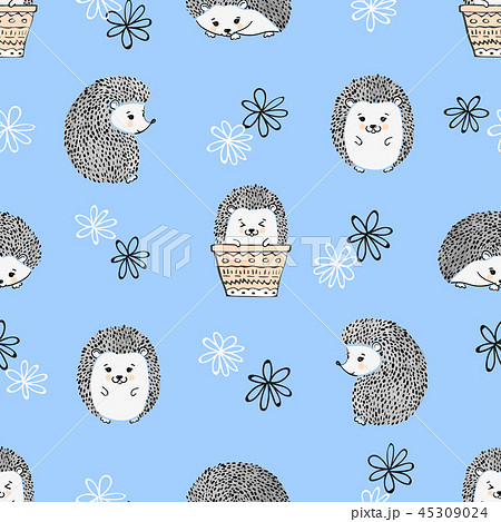 Seamless Pattern With Cute Watercolor Hedgehogsのイラスト素材