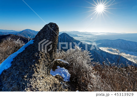 御坂山地・鬼ヶ岳山頂の鬼ヶ岩と河口湖方面の展望 45313929