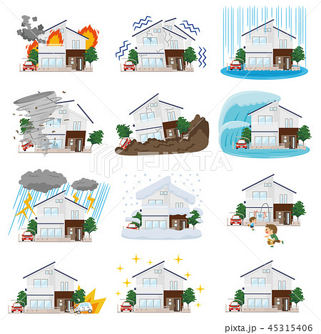 住宅 災害 被害 セットのイラスト素材