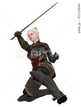Woman elf warrior with sword isolated on white background 3D illustration 45316944