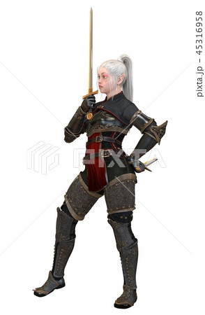 Woman elf warrior with swords isolated on white background 3D illustration 45316958