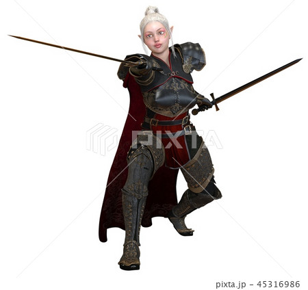 Woman elf warrior with swords isolated on white background 3D illustration 45316986