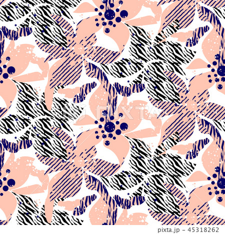 Hand drawn flower seamless vector pattern in rosy and blue colors. 45318262