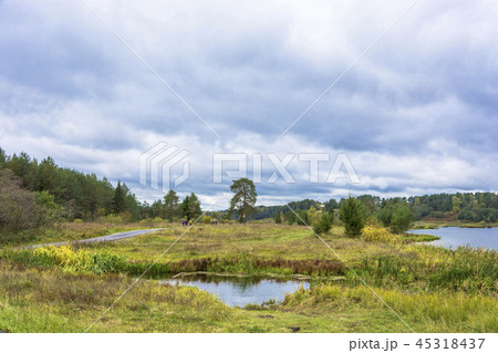 A small group of tourists is walking along aroad. 45318437