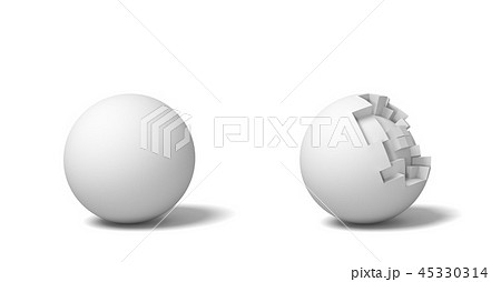 3d rendering of two isolated white round balls standing near each other, one whole and another half 45330314