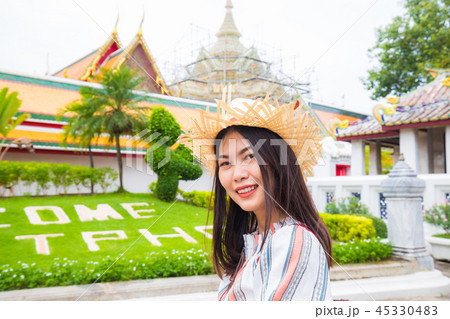 Asian tourist women with backpack travel in temple Asian tourist women with backpack travel in temple 45330483