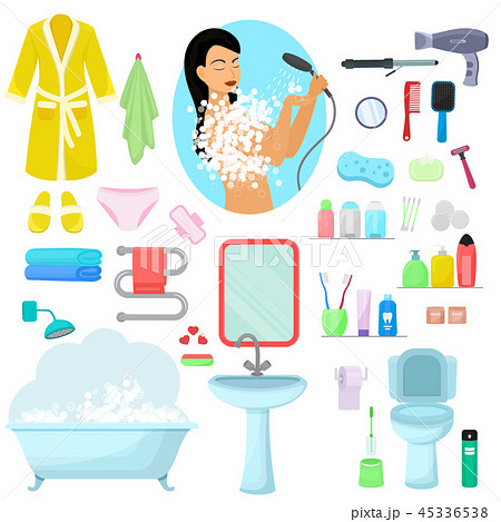Hygiene personal care vector beautiful woman showering hygienic bath products in bathroom 45336538
