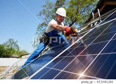 Stand-alone exterior solar panel system installation, renewable green energy generation concept. 45346180