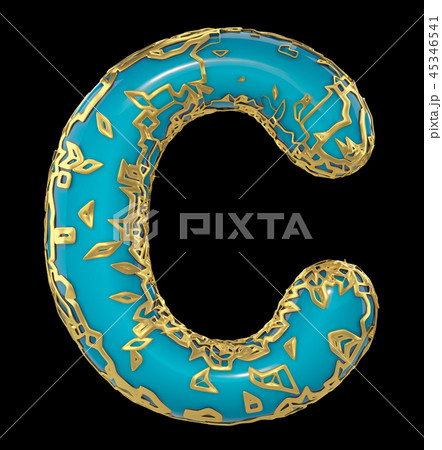 Golden shining metallic 3D with blue paint symbol capital letter C - uppercase isolated on black. 3d 45346541