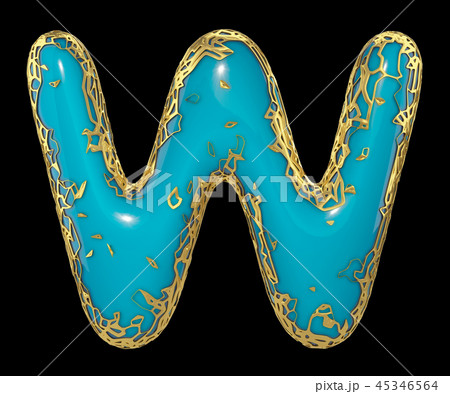 Golden shining metallic 3D with blue paint symbol capital letter W - uppercase isolated on black. 3d 45346564