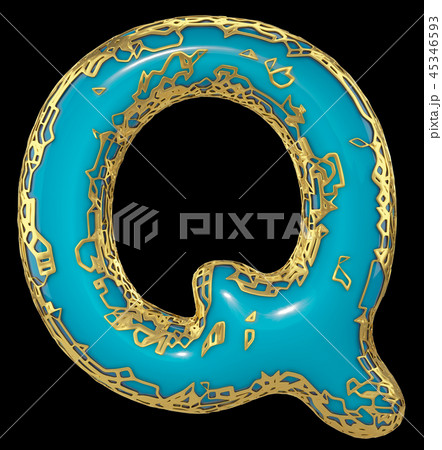 Golden shining metallic 3D with blue paint symbol capital letter Q - uppercase isolated on black. 3d 45346593