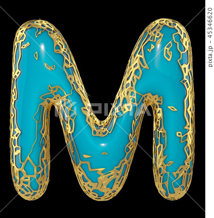 Golden shining metallic 3D with blue paint symbol capital letter M - uppercase isolated on black. 3d 45346620