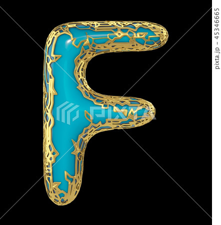 Golden shining metallic 3D with blue paint symbol capital letter F - uppercase isolated on black. 3d Golden shining metallic 3D with blue paint symbol capital letter F - uppercase isolated on black. 3d 45346665
