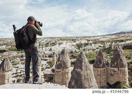 Man takes pictures of the valley love altitude mountains. Cappad 45346796