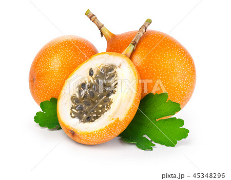 Grenadilla oval fruit with a green leaf sisolated 45348296