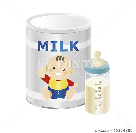 粉ミルク缶 白 哺乳瓶 ミルク黄白色 ブルーのイラスト素材