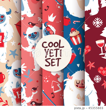 Cool yeti seamless pattern set vector illustration with kind creature with cup of coffee and cake. 45355603