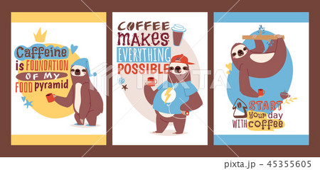Sloth with cup of coffee set of animal cards. Enjoy the morning. Vector illustration with textstart 45355605