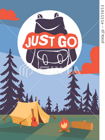 Camping time poster vector ilustration. Night landscape with tent, campfire guitar and forest Camping time poster vector ilustration. Night landscape with tent, campfire guitar and forest 45355653