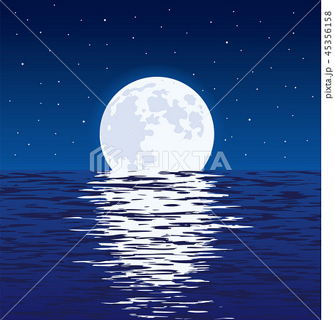 Vector Blue Sea And Full Moon At Nightのイラスト素材