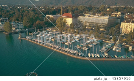 Aerial view of Zurichsee or lake Zurich marina full of moored sailboats 45357916