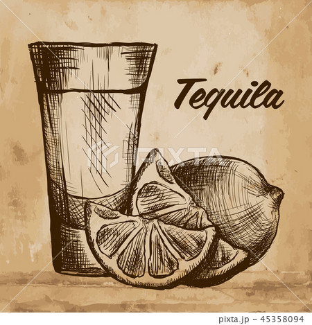 Bottle of tequila with lime and glass. painted by hand 45358094