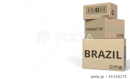 PRODUCT OF BRAZIL text on cartons, blank space for caption. 3D rendering PRODUCT OF BRAZIL text on cartons, blank space for caption. 3D rendering 45358275