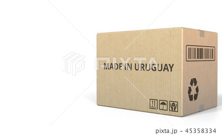 MADE IN URUGUAY text on a warehouse carton. 3D rendering 45358334