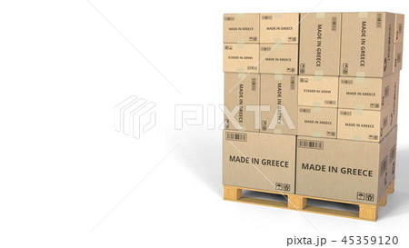 Cartons with MADE IN GREECE text. Conceptual 3D rendering 45359120
