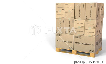 MADE IN AUSTRALIA text on boxes on a pallet. Conceptual 3D rendering MADE IN AUSTRALIA text on boxes on a pallet. Conceptual 3D rendering 45359191