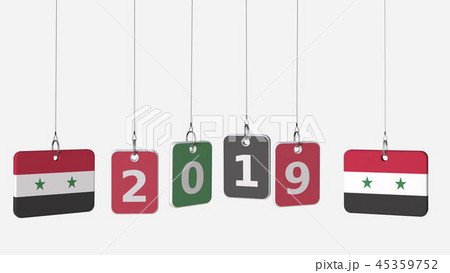 Tags featuring flags of SYRIA and 2019 text. 3D rendering Tags featuring flags of SYRIA and 2019 text. 3D rendering 45359752