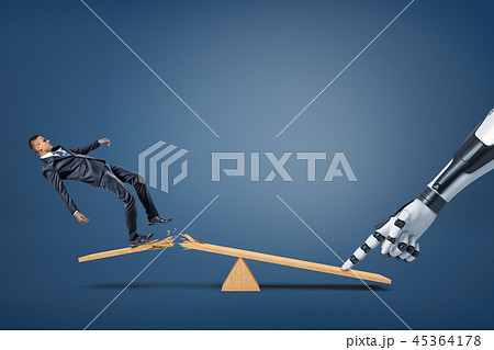 A small businessman falls from a broken plank of a see-saw when a robotic arm presses on its another A small businessman falls from a broken plank of a see-saw when a robotic arm presses on its another 45364178