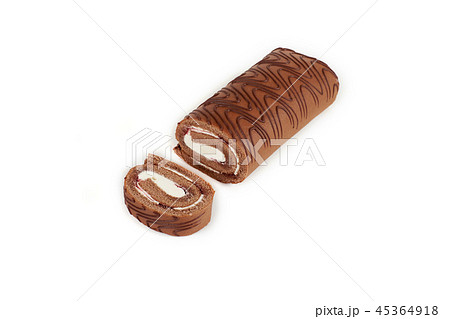 Chocolate biscuit roll cake isolated on white background. Chocolate biscuit roll cake isolated on white background. 45364918