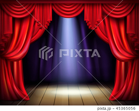 Stage with opened red curtains realistic vector Stage with opened red curtains realistic vector 45365056