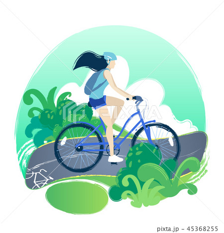 Teenage girl riding the bicycle on the bike path through the green fields. Teenage girl riding the bicycle on the bike path through the green fields. 45368255