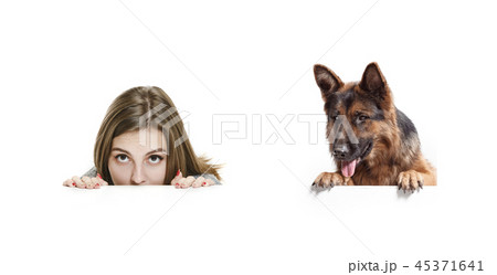 Woman with her dog over white background Woman with her dog over white background 45371641