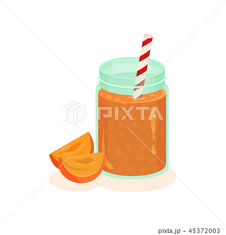 Delicious fruit smoothie in glass bank with drinking straw and two slices of persimmon. Tasty 45372003