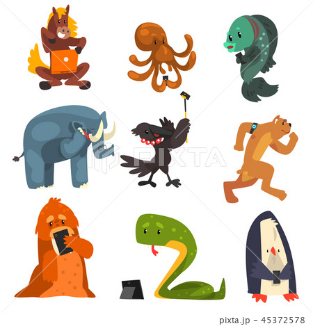 Wild animals using gadgets set, horse, octopus, fish, elephant, crow, dog, snake, penguin using Wild animals using gadgets set, horse, octopus, fish, elephant, crow, dog, snake, penguin using 45372578