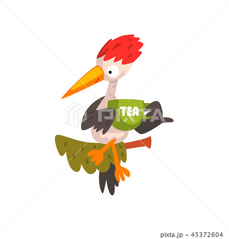 Cute woodpecker sitting on a branch with a cup of tea, funny bird cartoon character vector 45372604