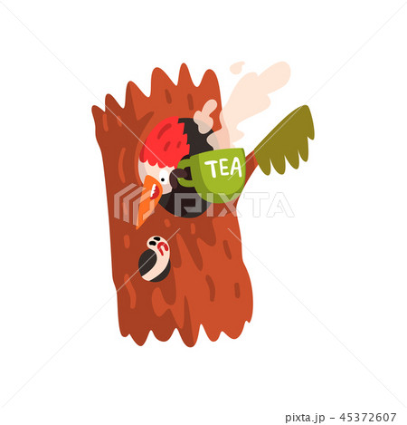 Funny woodpecker sitting in the hollow with a cup of tea, cute bird cartoon character vector Funny woodpecker sitting in the hollow with a cup of tea, cute bird cartoon character vector 45372607