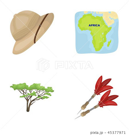 Cork hat, darts, savannah tree, territory map. African safari set collection icons in cartoon style 45377971