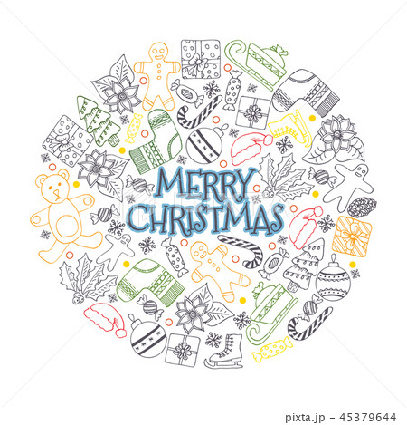 Vector pattern with hand drawn fir trees, gift, bows, christmas toys. Seasonal winter background on 45379644