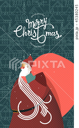 Wishing you a very Merry Christmas and Happy New year. Santa Claus with a big bag, winter 45380245
