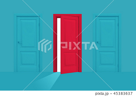 3d rendering of red semi-opened door stands between two closed blue ones on a blue background. 45383637