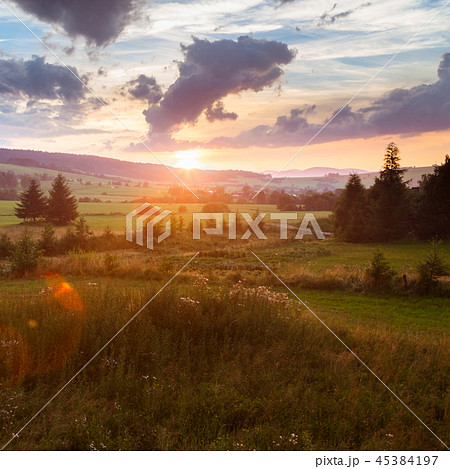 Summer landscape with sunset. Cloudy sky, trees 45384197