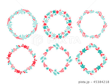 Set of vector Christmas Scandinavian Hand Drawn wreath red and blue Floral Winter Design Elements 45384218