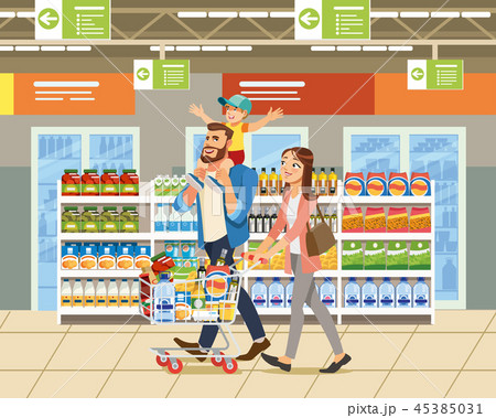 Family Shopping in Supermarket Cartoon Vector 45385031