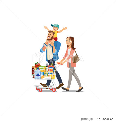 Happy Family Buying Food in Supermarket Vector 45385032